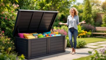 profitez du coffre de jardin emily 270l à 26,90 € chez castorama : la solution pratique et économique pour ranger coussins, jouets et outils de jardin. idéal pour garder vos espaces extérieurs ordonnés !
