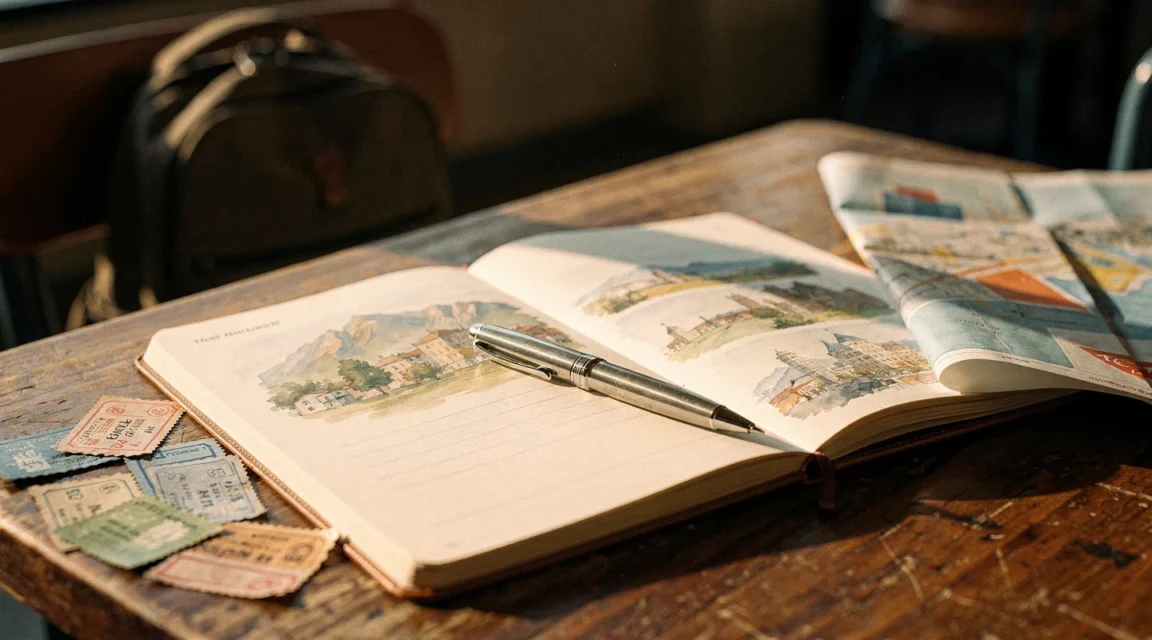 Carnet de voyage ouvert avec croquis, billets et stylo sur une table de voyage