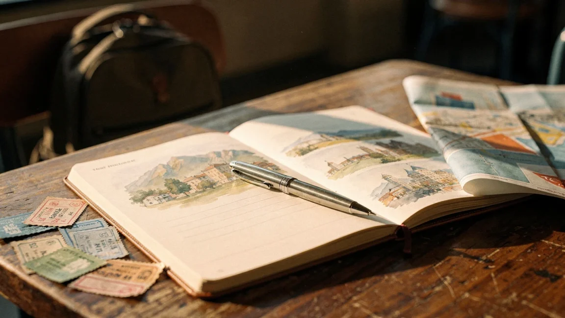 Carnet de voyage ouvert avec croquis, billets et stylo sur une table de voyage