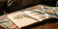 Carnet de voyage ouvert avec croquis, billets et stylo sur une table de voyage